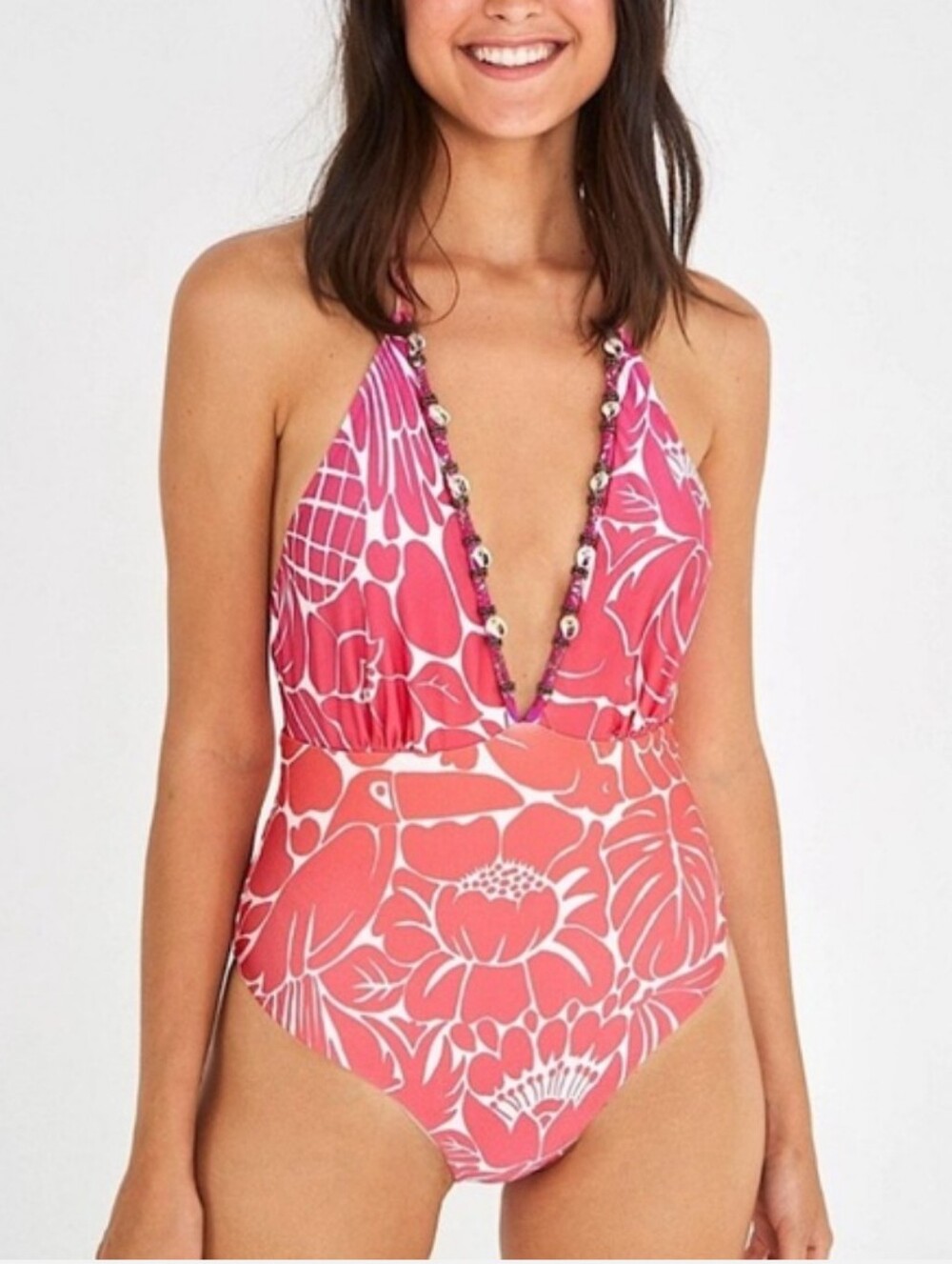FARM Rio Graphic Dreams One-Piece Swimsuit Beaded Shell Womens Beach Pool